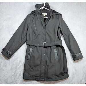 Michael Kors Trench Coat Womens Size Large Black Belted Plush Lined Designer